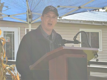 David Kanietakeron Fadden, curator of the Native North American Training College, giving a speech during the grand reopening on Saturday October 23, 2021 in Kawehno:ke. Shawna O'Neill/Cornwall Standard-Freeholder/Postmedia Network