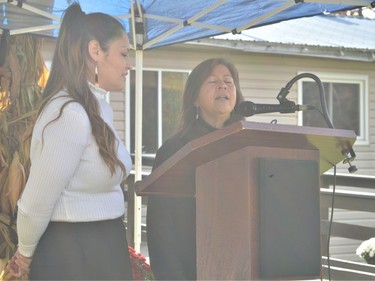 From left, Karonhianonha Francis and Theresa 'Bear' Fox singing during the grand reopening of the Native North American Training College on Tuesday August 24, 2021 in Kawehno:ke. Shawna O'Neill/Cornwall Standard-Freeholder/Postmedia Network