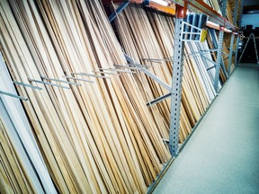 Construction market. wooden building materials on the shelves. baseboard in the hardware store