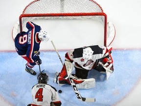 Cornwall Colts Wil Mcinley is so close to getting his stick on the rebound off of Kemptville 73's goaltender Tyler Laureault during play on Thursday October 21, 2021 in Cornwall, Ont. Cornwall lost 5-1. Robert Lefebvre/Special to the Cornwall Standard-Freeholder/Postmedia Network