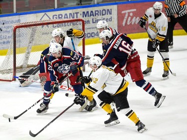 Cornwall Colts John Richer (No. 23) almost has his stick on the puck to block a shot in front of the Colts net during play against the Smiths Falls Bears on Thursday October 28, 2021 in Cornwall, Ont. Cornwall won 2-1. Robert Lefebvre/Special to the Cornwall Standard-Freeholder/Postmedia Network