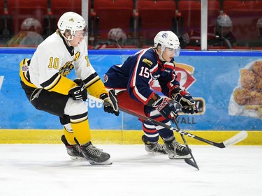 Cornwall Colts Simon Laferriere stays ahead of Smiths Falls Bears Sean James during play on Thursday October 28, 2021 in Cornwall, Ont. Cornwall won 2-1. Robert Lefebvre/Special to the Cornwall Standard-Freeholder/Postmedia Network