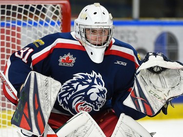 Cornwall Colts goaltender Emile Savoie during play against the Navan Grads on Thursday October 14, 2021 in Cornwall, Ont. The Colts lost 3-2. Robert Lefebvre/Special to the Cornwall Standard-Freeholder/Postmedia Network