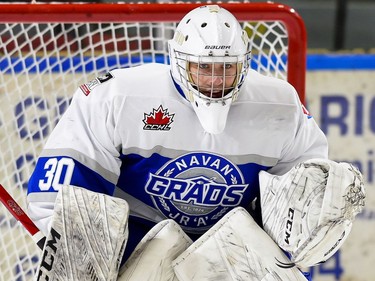 Navan Grads goaltender Nathan Loisel, during play against the Cornwall Colts on Thursday October 14, 2021 in Cornwall, Ont. The Colts lost 3-2. Robert Lefebvre/Special to the Cornwall Standard-Freeholder/Postmedia Network