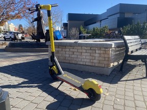 One of Roll's scooters in downtown Cochrane. Patrick Gibson/Cochrane Times