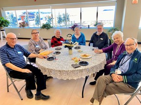 Don, Pearl, Christa, Elaine, Rick, Jan and Ken at Seniors on the Bow’s ‘Welcome Back Wine & Cheese’ on October 27. The event was one of the first at the seniors’ society since the closure of its physical space for COVID-19. Patrick Gibson/Cochrane Times