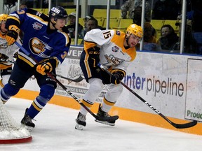 The Grande Prairie Storm's Zach Brooks reaches for the puck skating against the Fort McMurray Oil Barons at Centerfire Place on Friday, October 15, 2021. Laura Beamish/Postmedia