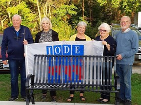The new bench dedicated to the memory of Mary Ellen Jasper sits near the Cove arches. (L-R): Tom Jasper, Lynn Edward, Kay King, Nancy Hughes and Jim Wallace. Submitted