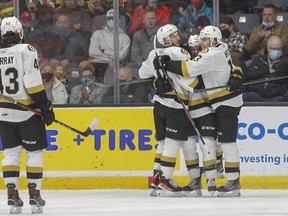 Kingston Frontenacs overage forward Lucas Edmonds celebrates after scoring the first goal of the game against the Peterborough Petes in the first period of Ontario Hockey League action at the Leon's Centre on Friday night.