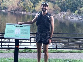 Runner Eric Mathison at the beginning of the Rideau Trail during his trek on the trail from Ottawa to Kingston that began on Thursday, Oct. 7.