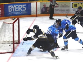 Chance DeBolt scores the opening goal Sunday in the KL Gold Miners win over Cochrane.