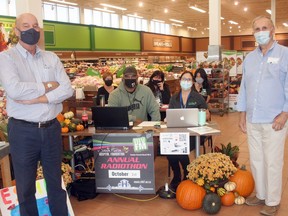 The 8th Annual South Huron Hospital Foundation Radiothon Oct. 1 raised $43,500, which will support capital equipment needs at South Huron Hospital. Pictured standing at the Radiothon, which was broadcast live from Hansen's Your Independent Grocer, are Robin Glenny of myFM, left, and South Huron Hospital Association board chair Bruce Shaw, right. Seated middle from left are myFM host Chris Soares and Foundation executive director Krista McCann, while in back from left are co-president of the Hospital Auxiliary Linda Farquhar, Foundation secretary Lori Baker and Mai Flynn of Scotiabank.