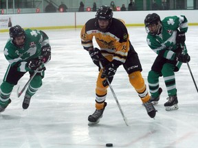 The Exeter Hawks' Owen Singer carries the puck into the Lucan zone during Exeter's 5-4 overtime victory over the Irish on Sat., Oct. 16.