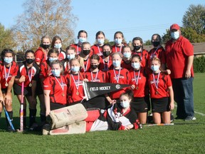 The South Huron District High School Varsity Girls Field Hockey team defeated Goderich 2-1 in overtime on Oct. 27 to win the Huron-Perth championship. Lying down in front is goalie Karah Gidge, while kneeling from left are Shae McCann, Megan Walker, Brooke Lewis, Kayleigh Hern, Abbie Kennedy and Kayla Orr; in the third row from left are Carie Regier, Maiya Kennedy, Kyle Dalrymple, Bria McCann, Ryan Schepers, Maddie Farquhar and Abby Horton; back from left are Jessica Gorman, Chloe McCann, Hallie Oke, Karlee Thompson, Devon Farquhar, Robyn Denomme, Ella Parsons and coach Eric Chisholm.