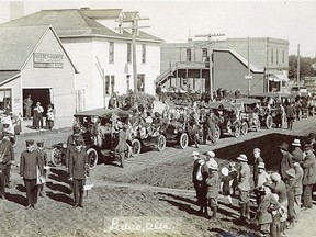 This photo of Main Street circa 1910s shows Leduc's residents dressed in their best ready for a parade. (Courtesy of City of Leduc and On This Spot)
