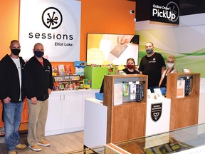 Photo by KEVIN McSHEFFREY/THE STANDARD
The staff at Sessions Cannabis in Elliot Lake, Al Duguay, Jason (Jay) Hamilton, Heather Morgan, Chantal Albert and Chris Shantz, recently hosted a food drive for the Elliot Lake Emergency Food Bank.