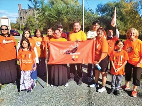 Photo by LESLEY KNIBBSThe Sagamok walkers arrive at the residential school sites in Spanish.