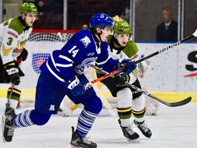 James Hardie of the Mississauga Steelheads and Shane Bulitka of the North Bay Battalion pursue the action in Ontario Hockey League play, March 6, 2020, at the Paramount Fine Foods Centre. Sean Ryan Photo