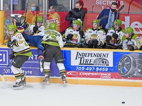 Alex Christopoulos dumps Brandt Clarke of the Barrie Colts into the North Bay Battalion bench in the teams' Ontario Hockey League game, Sunday. The Troops, who host the Hamilton Bulldogs on Thursday night, played the third of four consecutive home games. Sean Ryan Photo