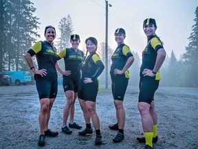 The five women who took part in the trial run of the 140-kilometre Ghost Gravel ride. Pictured are Ruth Henshaw, left, Jennifer Sohm formerly of South River, Jenny Chang, Julie Moss Kujala and Danielle Guertin. The other 10 participants were all men. Chris Monette Photo