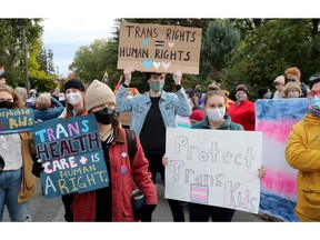 Trans-friendly folks converged outside Broadview Public School on Tuesday morning to stage a counter-protest against a B.C. man who was protesting against medical treatments offered to transgender youth.