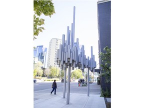 London's newest public art is a stylized take on the city's forests and skyline by Jyhling Lee, who grew up in Ingersoll. It stands outside one of the city's newest towers, Tricar's downtown Azure condo building. (Derek Ruttan/The London Free Press)