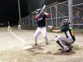 Micksburg Twins' out-fielder Jared Steege awaits the pitch in a regular season game. The Twins will host the Orleans Rebels at 8 p.m. on Friday for the championship in the Greater Ottawa Men's Fastball League.