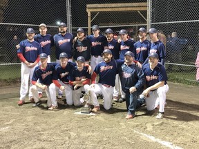 The members of the Micksburg Twins gather for a team photo after defeating the Orleans Rebels 7-0 to win the Greater Ottawa Fastball League 2021 championship. Jamie Bramburger