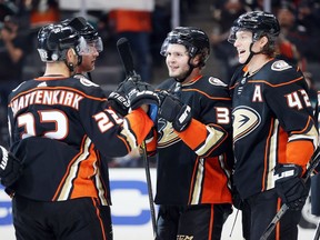 Mason McTavish #37 of the Anaheim Ducks celebrates a 4-1 win against the Winnipeg Jets at Honda Centre on Oct. 13 in Anaheim, California.