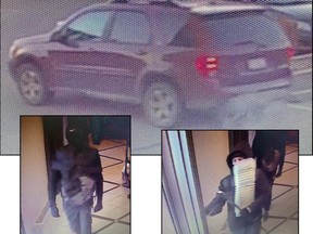 Leduc RCMP say these two suspects used a stolen Pontiac Torrent to commit a robbery at a Leduc business Oct. 20.