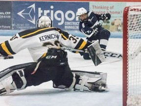 Woodstock's Braeden Nelson can't beat Tavistock goalie Jeffrey Kernichan during the Braves' 1-0 OT win this season at Southwood Arena.