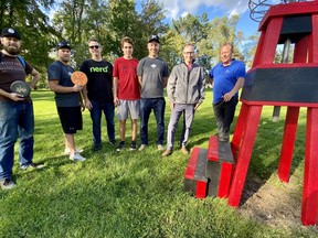 Stratford's disc golf course recently received a makeover with various changes to the Marsh Pond Park facility. Pictured from left: disc golf club members Connor Fisher, Jay Riley, Steve Law, Nate Framst, Dave Framst, CR Plastics director of finance and supply chain management Michael Palmby, and Quin Malott, Stratford's parks, forestry and cemetery manager.