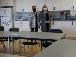 Leduc HUB Association executive director Susan Johnson (right) and receptionist Glenda Wikkerink are preparing for the opening of the overnight shelter on Nov. 1.