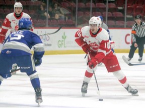 Soo Greyhounds centre Bryce McConnell-Barker in recent Ontario Hockey League action against the Sudbury Wolves. The centreman leads the team in rookie scoring with three goals and three assists in eight games played. The London, Ont., resident is slowly adjusting to speed and pace of the major junior game. GORDON ANDERSON