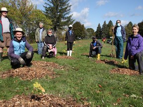 Members with Climate Action Sarnia-Lambton pose after a tree-planting project in Rainbow Park Saturday. From left are Doug Winch, Mike Smalls, Martha Knight, Marian Blonde, Rose Stebbins, Paul Stebbins, John Timar, and Maria Beauchamp. (Tyler Kula, The Observer)