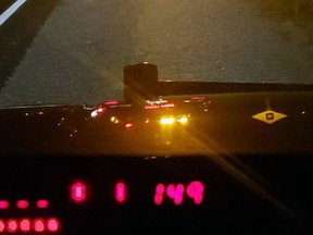 A stunt-driving charge was laid after a vehicle was caught driving 149 kilometres per hour on Monday, Oct. 18, 2021 in St. Clair Township, Lambton OPP say. (Twitter)