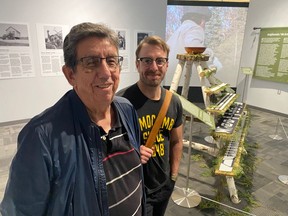 David Plain and Ryan Lindsay are pictured at the Lambton Heritage Museum, amid the "Nnigiiwemin / We Are Going Home" exhibit by Summer Bressette and Monica Virtue. The duo are helping develop a video game based on Aamjiwnaang history. (Submitted)