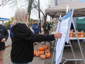 Mitton Village resident Stephanie Van Ommen places stickers  to indicate features she would like included in a plan for a  "parkette" proposed for 135 Mitton St., S., in the Sarnia neighborhood. The city's Mitton Village Advisory Committee held the event Saturday to collect public comments on the plan. It was offering pumpkins and candy to those taking part.
(Paul Morden/The Observer)
