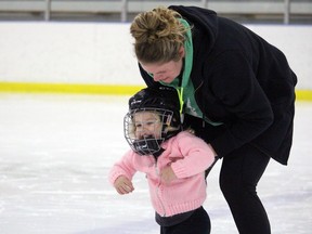 Piper Annett, 2, and her mom, Amy Annett, are pictured skating last December at the Progressive Auto Sales Arena in Sarnia. The city is offering a public skating program again, until Dec. 23. (File photo)
