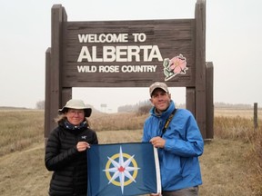 Sonya Richmond and Sean Morton of Norfolk started a cross-Canada trek along the Trans Canada Trail in 2019. The couple concluded this year's portion of the walk earlier this month at the Alberta-Saskatchewan border. The couple plans to continue in the spring and expects to finish the journey in the next two years.