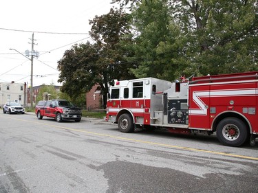 Firefighters and police were on the scene of a fire at the former Theatre Cambrian location on Eyre Street in Sudbury, Ont. on Friday October 1, 2021. John Lappa/Sudbury Star/Postmedia Network