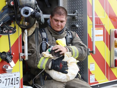 Firefighter Trevor Almenar gives a cat oxygen at a fire at a three-unit apartment on Frood Road and Bloor Street in Sudbury, Ont. on Monday October 4, 2021. John Lappa/Sudbury Star/Postmedia Network