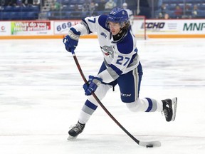 Quentin Musty, of the Sudbury Wolves, fires a puck at the net during OHL action against the Peterborough Petes at the Sudbury Community Arena in Sudbury, Ont. on Friday October 8, 2021.