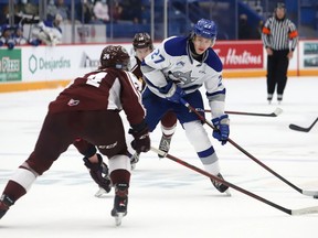 Quentin Musty, of the Sudbury Wolves, fires a puck at the net during OHL action against the Peterborough Petes at the Sudbury Community Arena in Sudbury, Ont. on Friday October 8, 2021. John Lappa/Sudbury Star/Postmedia Network