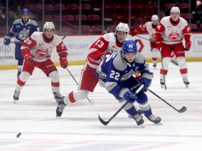 Sudbury Wolves defenceman Jack Thompson (22) chases down a puck during first-period OHL action at GFL Memorial Gardens in Sault Ste. Marie, Ontario on Wednesday, October 20, 2021. Gordon Anderson/Postmedia Network