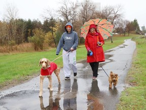 The rainy weather didn't deter Abigail Delorme, left, and Jan Browning from going for a walk with their dogs, Gracie and Coco, in Sudbury, Ont. on Thursday October 21, 2021. John Lappa/Sudbury Star/Postmedia Network