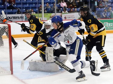 Landon McCallum, of the Sudbury Wolves, Chases down the puck during OHL action against the Hamilton Bulldogs at the Sudbury Community Arena in Sudbury, Ont. on Friday October 22, 2021. John Lappa/Sudbury Star/Postmedia Network