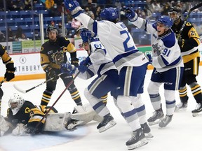 Sudbury Wolves players Chase Stillman, left, Quentin Musty and Evan Konyen celebrate a goal during OHL action against the Hamilton Bulldogs at the Sudbury Community Arena in Sudbury, Ont. on Friday October 22, 2021. John Lappa/Sudbury Star/Postmedia Network