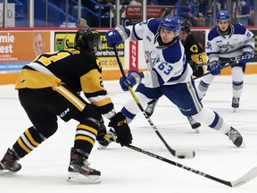 Liam Ross, right, of the Sudbury Wolves, fires the puck past Colton Kammerer, of the Hamilton Bulldogs, during OHL action at the Sudbury Community Arena in Sudbury, Ont. on Friday October 22, 2021. John Lappa/Sudbury Star/Postmedia Network