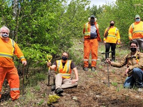 Graeme Spiers, Nathan Basiliko, Peter Beckett, Olivia Baudet, Jonathan Lavigne (kneeling), Marc Hebert (RPF), Marc Nellis (RPF) from the Vale Living With Lakes Centre at Laurentian University visit a local site as part of Lavigne's research on improving soil for land reclamation.